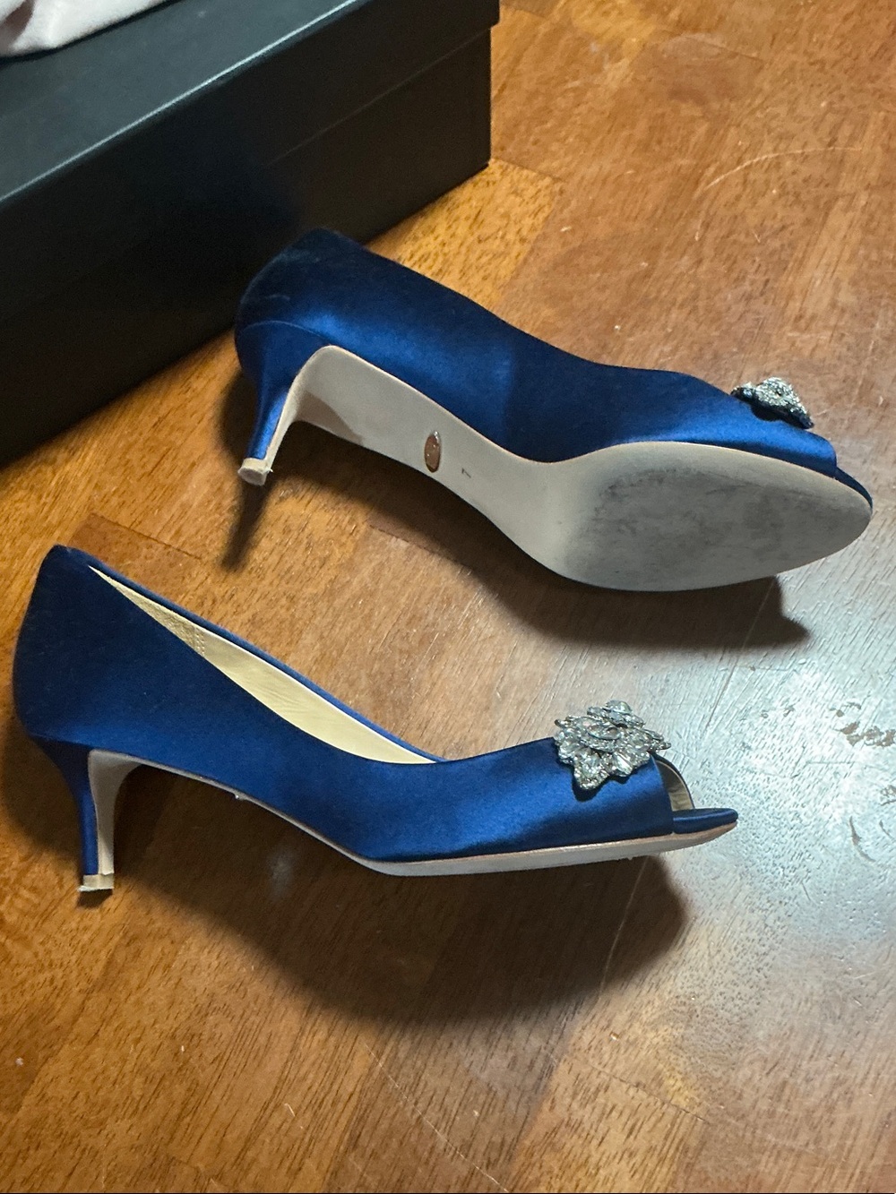 Badgley Mischka Navy Blue Satin Peep-Toe Heels with Crystal Accent - Picture 4 of 5